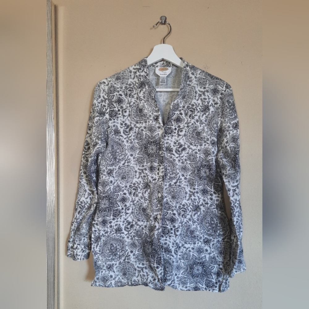 Talbots Italian Linen Talbots Black and White Patterned Button-Up Shirt Tunic